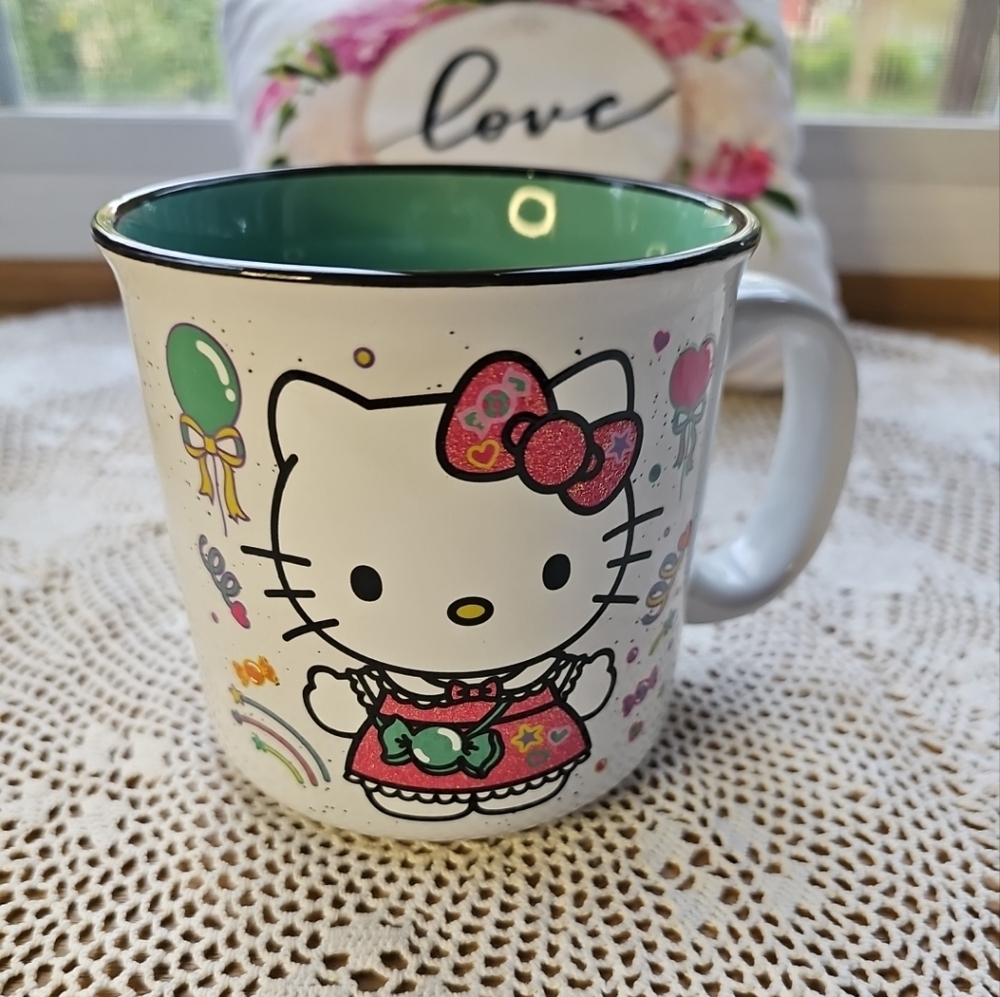 Sanrio Hello Kitty Pink Glitter Bow Happy Birthday Large White Mug Balloons 🎈